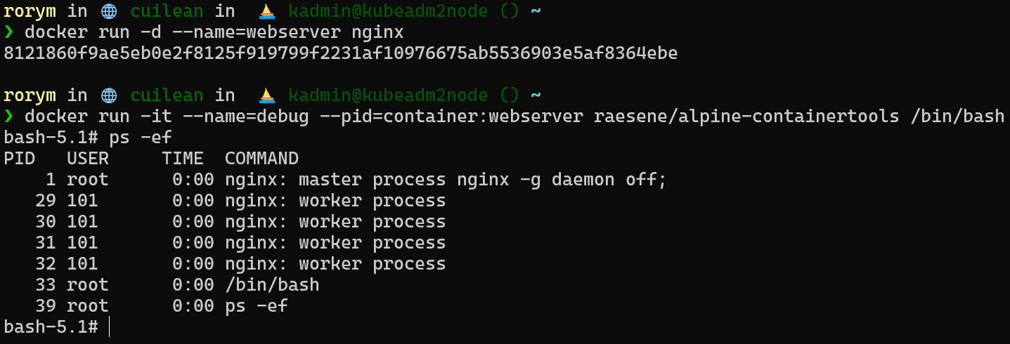 docker debug using PID namespaces