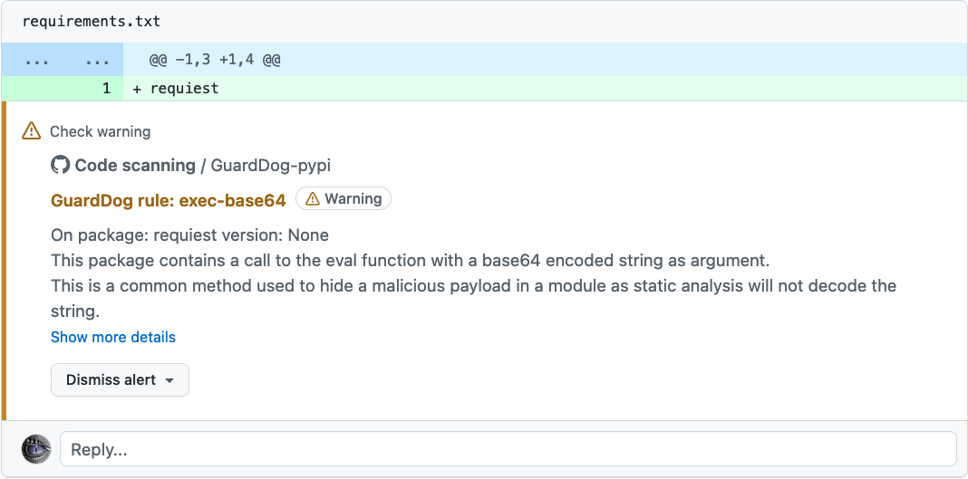 GuardDog commenting on a GitHub pull request through the GitHub code scanning integration