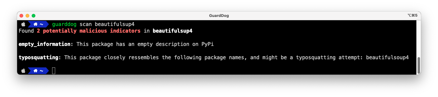 Running GuardDog against the beautifulsup4 package
